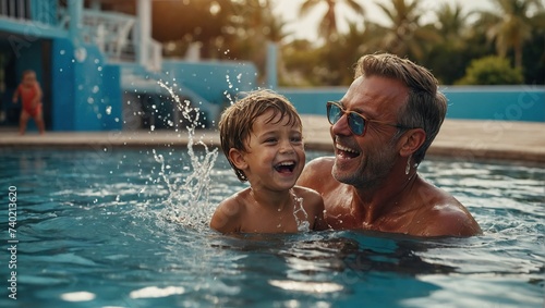 pleasure summertime family happy together dad with son playing splash water ocean beach pool with laugh fun cheerful enjoy family moment with love
