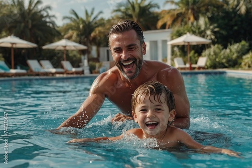 pleasure summertime family happy together dad with son playing splash water ocean beach pool with laugh fun cheerful enjoy family moment with love