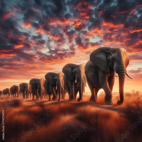 Elephants walking in a line at sunset © Rui