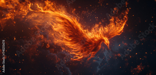 A fiery phoenix rising from ashes, its feathers a blaze of amoled colors against a black night sky, depicted in stunning 3D, 8K detail