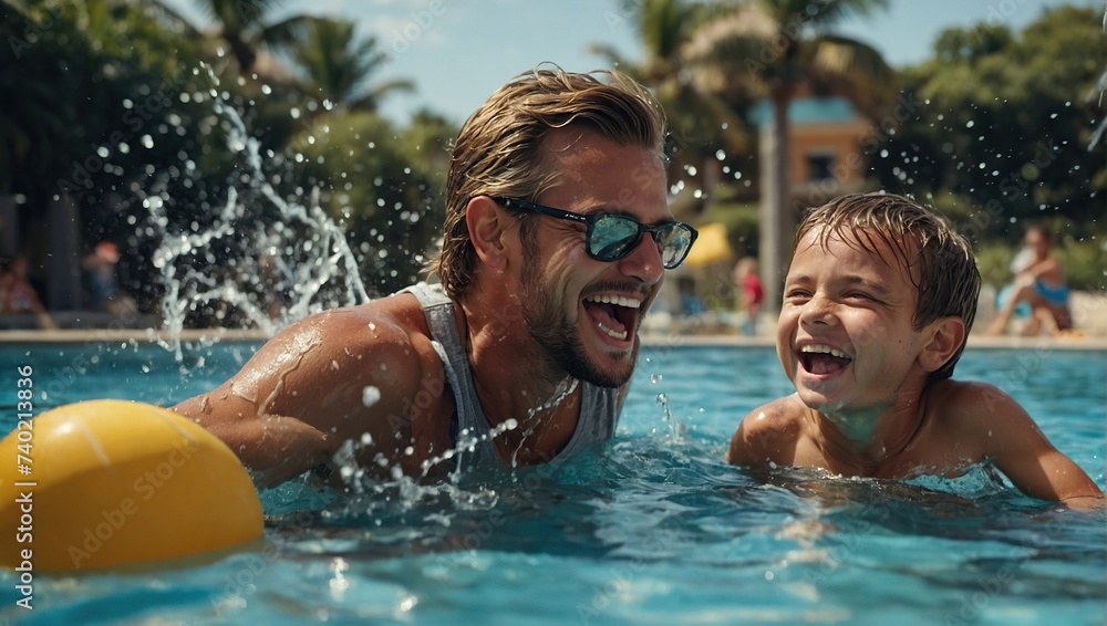 pleasure summertime family happy together dad with son playing splash water ocean beach pool with laugh fun cheerful enjoy family moment with love