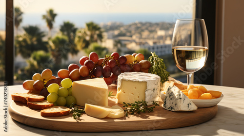 Wine and Cheese Pairing: Elegant scene with glass of white wine and cheese served with fruits and nuts.