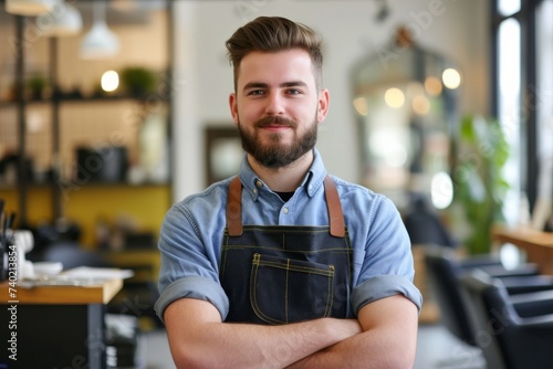 A rugged man with a well-groomed beard wearing an apron stands confidently indoors against a backdrop of furniture and a wall, his shirt hinting at the hard work and dedication he puts into his craft