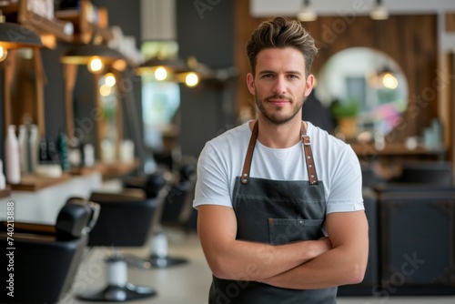 A confident man in a crisp shirt stands with arms crossed in front of a wall, exuding authority and professionalism as he prepares to tackle the day's tasks in his apron