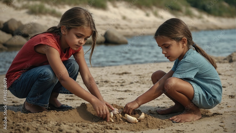 Children's searching for shells in sand Children's searching for shells in sand