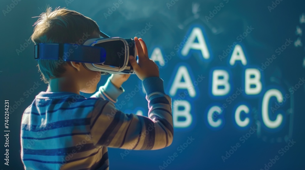 In this image, a young child clad in a striped shirt is seen wearing a virtual reality headset against a dark background illuminated by ambient lighting. The child seems to be engaged and possibly lea - obrazy, fototapety, plakaty 