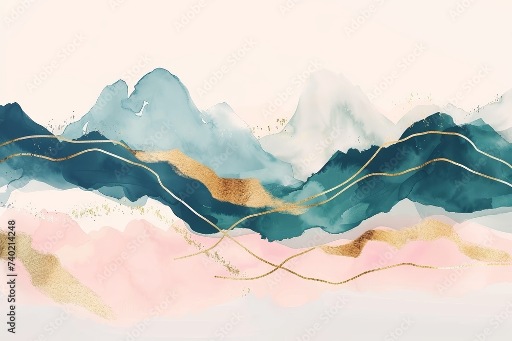 Abstract Mountain Elegance an artistic representation of mountainous landscape, blending washes of pastel pinks and deep blues with delicate gold accents, creating a serene and sophisticated abstract  - obrazy, fototapety, plakaty 