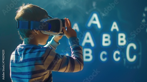 In this image, a young child clad in a striped shirt is seen wearing a virtual reality headset against a dark background illuminated by ambient lighting. The child seems to be engaged and possibly lea