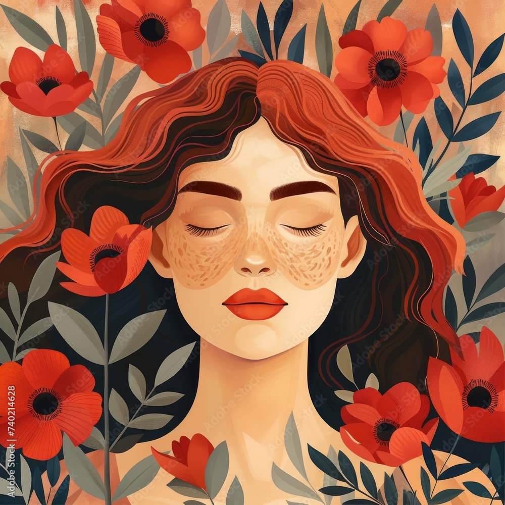 A vibrant painting of a woman with fiery red hair and delicate freckles, adorned by a sea of blooming flowers, captured in stunning detail through intricate strokes of drawing and illustration