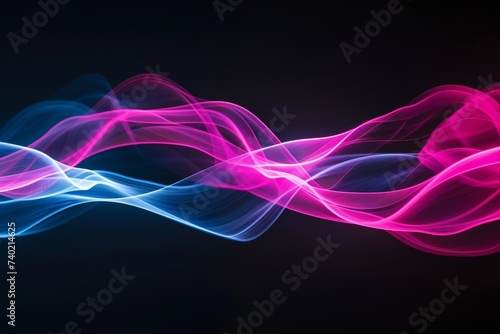 Abstract image capturing the dance of neon light waves in brilliant pink and blue hues against a stark black background, embodying energy and motion.