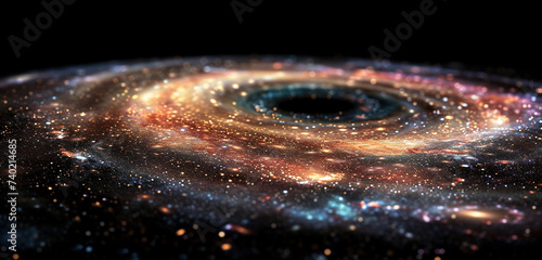 A galaxy spiral, with stars and planetary systems in a kaleidoscope of amoled colors against the void of space, presented on a black background, capturing the universe's majesty in 3D, 8K resolution photo
