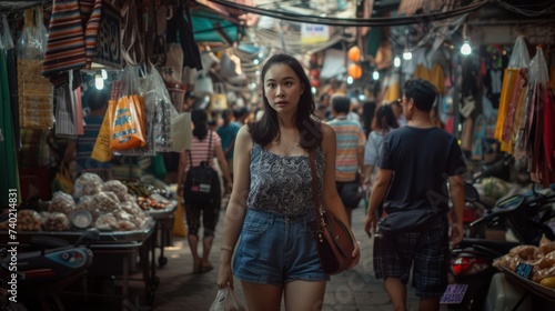 A young woman walks through a crowded, dimly lit market filled with various goods and people.