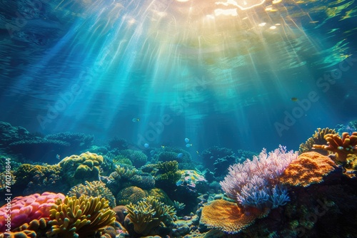An underwater coral reef scene  diverse marine life  vivid colors  showcasing the beauty and diversity of ocean life. Underwater photography  coral reef ecosystem  diverse marine life . Resplendent.