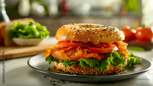 Artistic food photography showcasing a bagel sandwich on a plate light background enhancing the colors