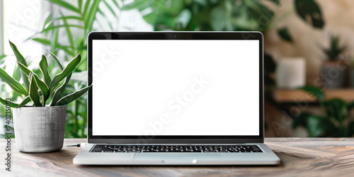 Laptop computer mockup with blank screen and  white background photo