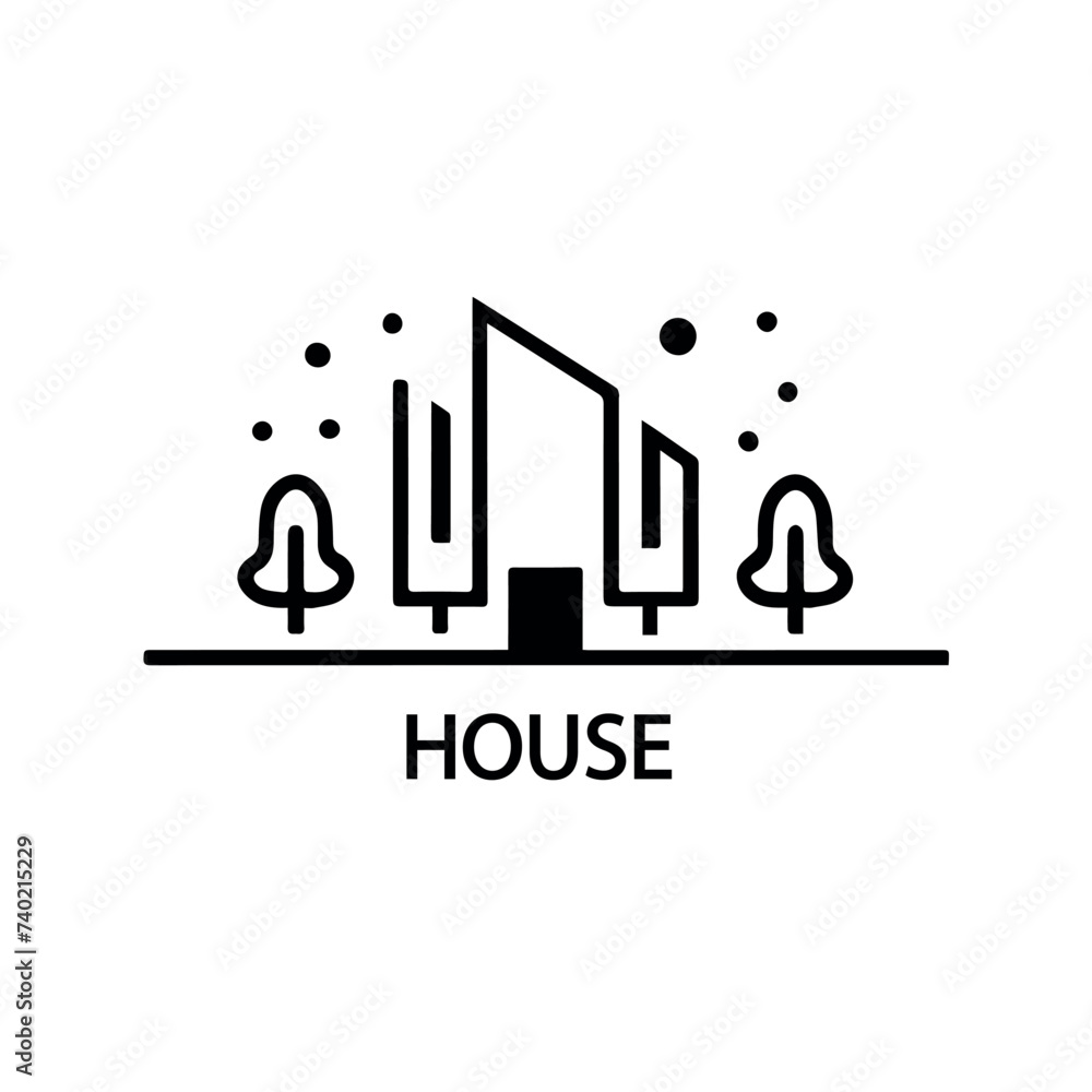 Fototapeta premium Small Town silhouette cutout skyline with chapel houses trees black and white