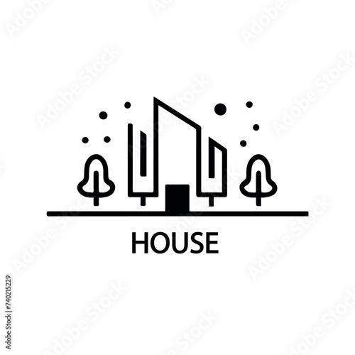 Small Town silhouette cutout skyline with chapel houses trees black and white