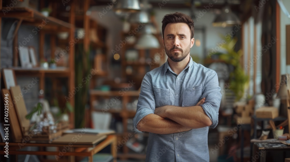 A confident man standing with arms crossed in a creative studio, surrounded by art supplies and equipment.
A confident man standing with arms crossed in a creative studio, surrounded by art supplies and equipment.