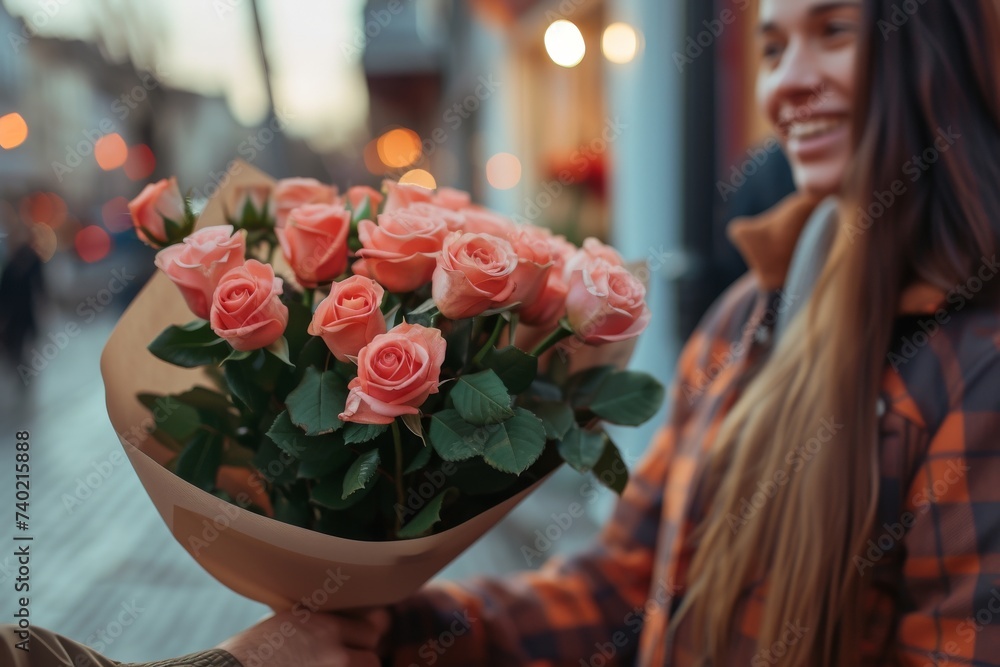 Fototapeta premium A person stands among a vibrant array of garden roses, carefully arranging them into a beautiful bouquet in a red vase, their clothing adorned with delicate petals and their face beaming with the joy