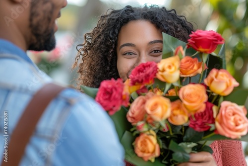 A woman gracefully holds a vibrant bouquet of garden roses, expertly arranged with delicate floristry and artful placement of each petal, evoking the beauty and romance of a wedding day