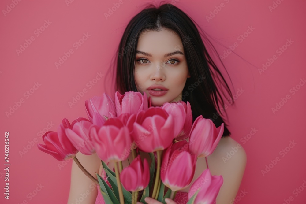 A young woman poses against a wall, her human face adorned with a bouquet of artificial pink roses in a fashion photo shoot, capturing the delicate beauty of both the person and the flowers