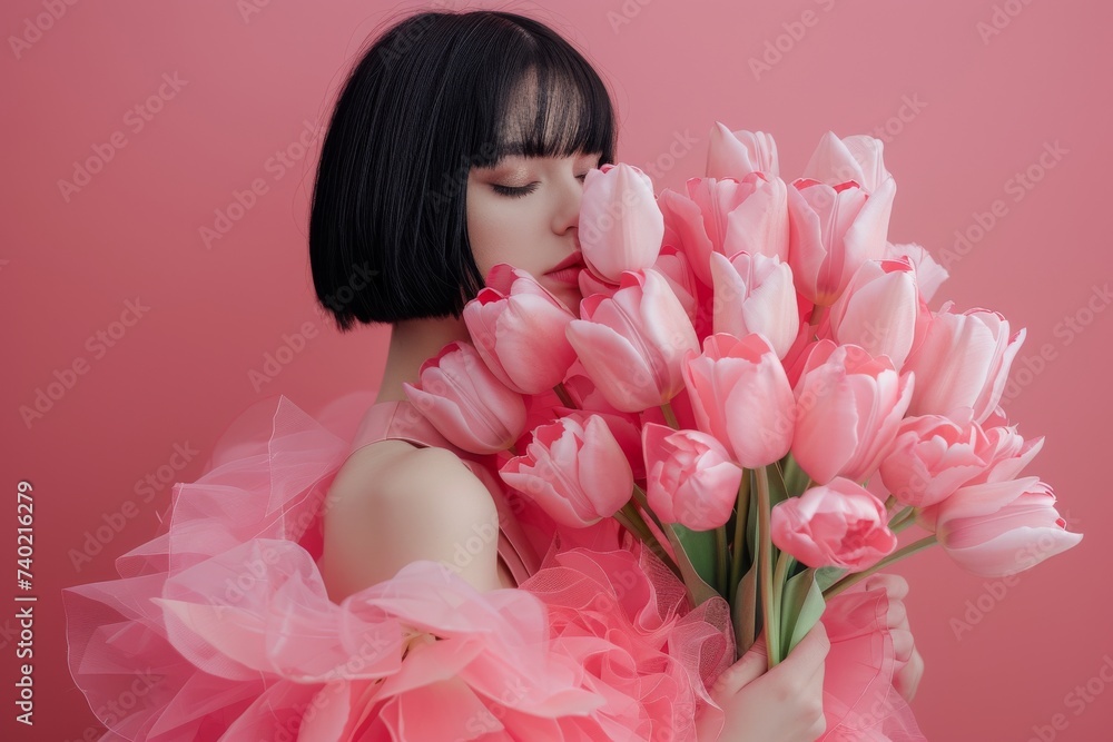 A woman stands against a wall, her face framed by a bouquet of pink tulips and artificial roses, embodying the delicate beauty of cut flowers in an indoor setting