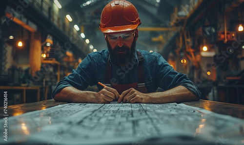 Engineer reviewing blueprints in a manufacturing facility
