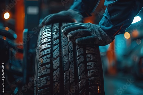 Car mechanics changing tire at auto repair shop garage. 