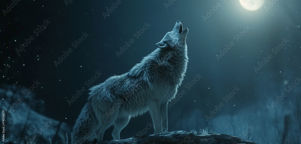 A lone wolf howling at the moon, with its fur a tapestry of amoled colors contrasting against a dark, starry background, evoking a sense of wilderness in 3D, 8K - obrazy, fototapety, plakaty 