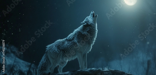 A lone wolf howling at the moon, with its fur a tapestry of amoled colors contrasting against a dark, starry background, evoking a sense of wilderness in 3D, 8K photo