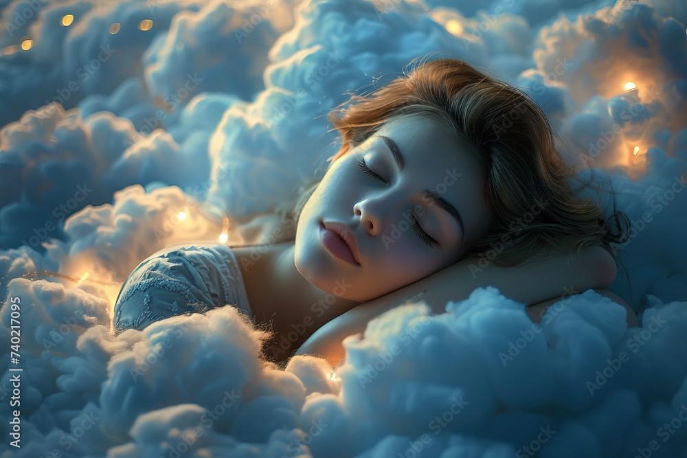 A woman sleeping peacefully in the clouds.	