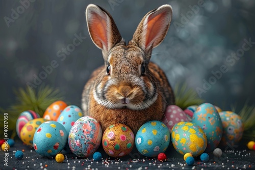 Happy Easter Eggs hop regulations. Bunny hopping in flower wallpaper installation decoration. Adorable hare 3d hide rabbit illustration. Holy week variegated card Eggcellent adventure