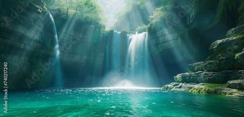 A majestic waterfall, its waters a shimmering silver, plunging into a lagoon of deep emerald green