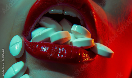 Sensual female mouth in close-up portrait with pills between lips. photo