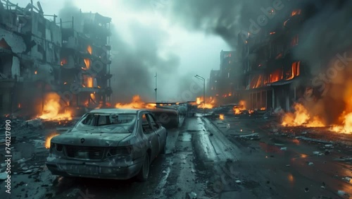 A car on a street of a destroyed and burning city. World war and armageddon concept. Animation with zoom effect. High quality 4k footage photo