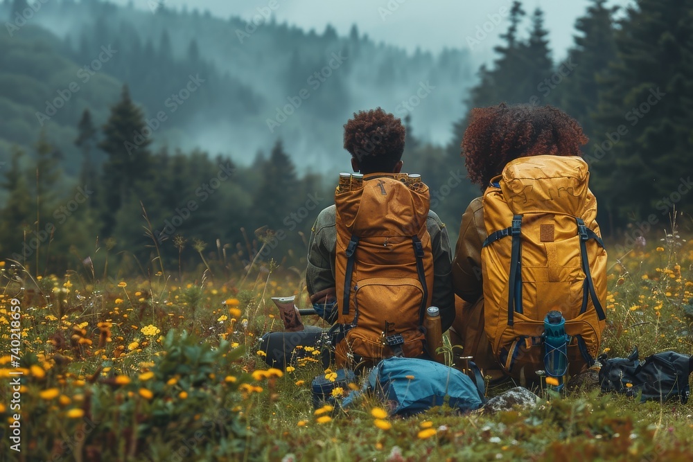 Amidst the misty fog, two hikers find solace in a serene field filled with vibrant flowers and towering trees, their clothing blending seamlessly with the natural beauty of the outdoors