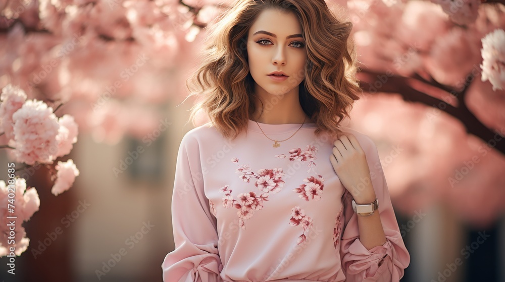 Woman With Long Blonde Hair Standing in Front of Pink Flowers Woman With Long Blonde Hair Standing in Front of Pink Flowers