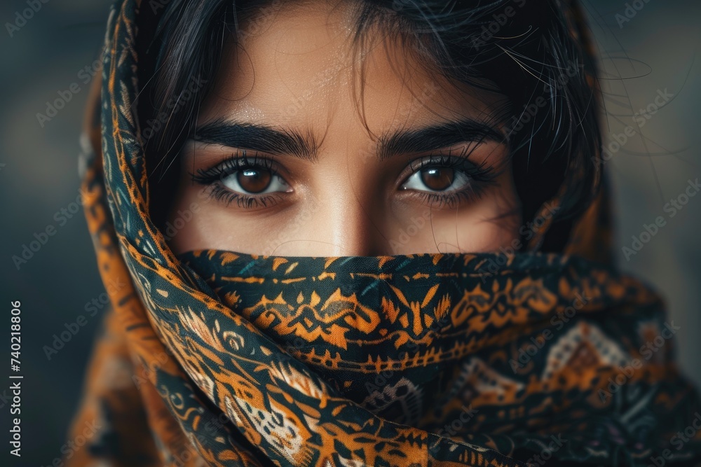 Portrait. The face of a girl in a niqab. The girl's eyes, the gaze, the attentive gaze of a young girl. Close-up. Portrait. The face of a girl in a niqab. The girl's eyes, the gaze, the attentive gaze of a young girl. Close-up.
