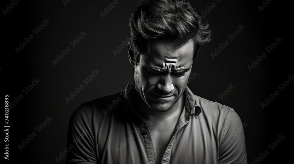 Black and white portrait stressed and depressed man. He feel depressed lonely. Mental health concept.