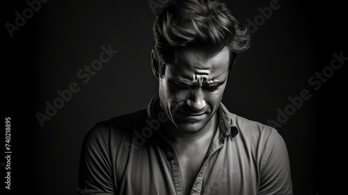 Black and white portrait stressed and depressed man. He feel depressed lonely. Mental health concept.