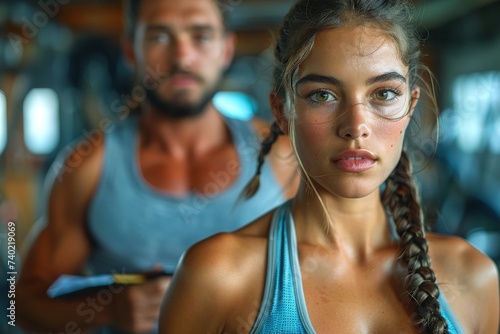 A woman with braided hair stands confidently in front of a man, her strong muscles and bold clothing contrasting against his passive demeanor, as they both share an intimate moment indoors