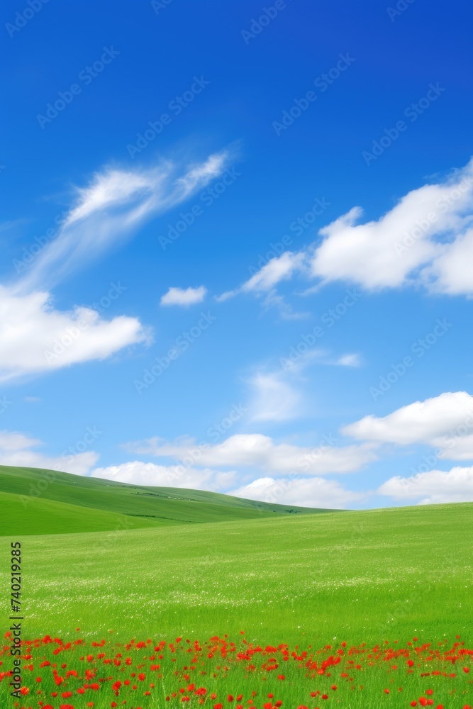 Spring, summer background. A green field with red flowers and a blue sky. Spring, summer background. A green field with red flowers and a blue sky.