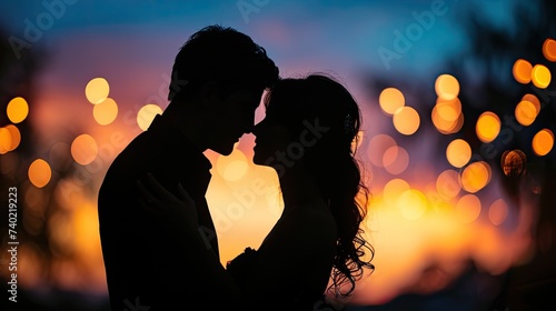 The image captures a tender moment between a couple standing close, their silhouettes outlined by the warm, dusky sky fading into twilight. Bokeh lights twinkle in the background, adding a magical fee