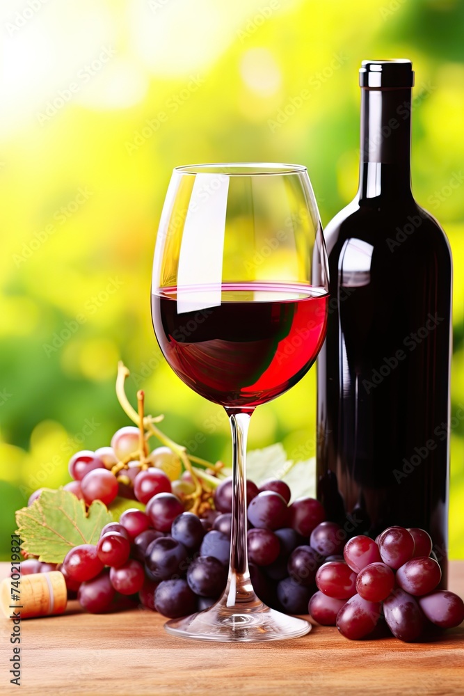 red wine and grapes .Still life: grapes, a glass of wine and a bottle of wine on a spring background.