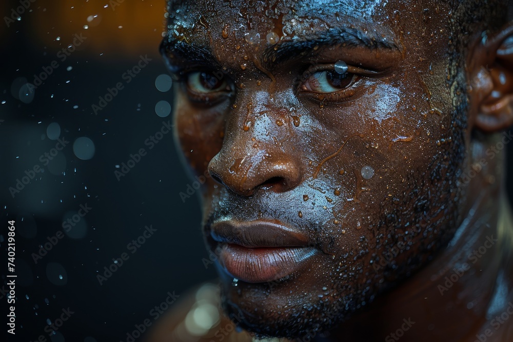 A man's human face is drenched in water, revealing a portrait of raw vulnerability and resilience in the face of life's challenges A man's human face is drenched in water, revealing a portrait of raw vulnerability and resilience in the face of life's challenges