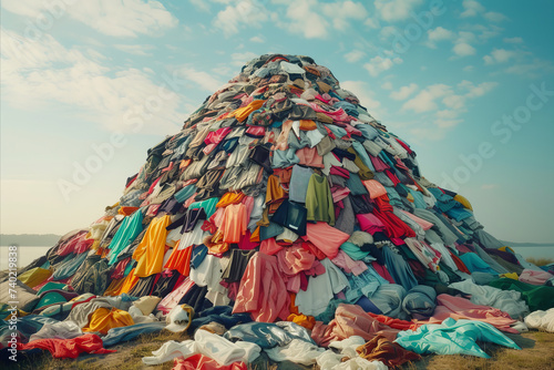A pile of old used clothing and textiles. Fast fashion and clothing recycling photo