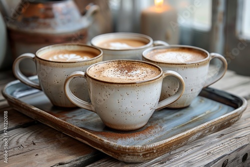 A tray filled with a variety of coffee cups and saucers, showcasing the versatility and beauty of serveware for your daily caffeine fix photo