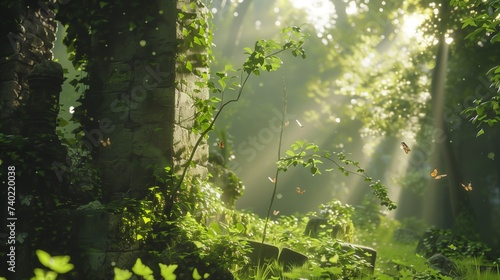 Deep within a mystical forest  shafts of sunlight pierce through the dense foliage  illuminating a tranquil clearing where ancient ruins