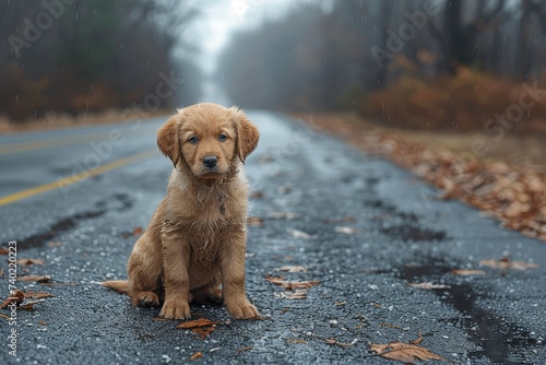 A curious puppy explores the great outdoors, sitting patiently on the dusty road with its fluffy brown fur blending into the earthy ground, embodying the epitome of a loyal and lovable canine compani