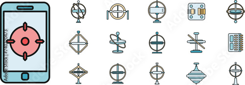 Gyroscope instrument icons set. Outline set of gyroscope instrument vector icons thin line color flat on white